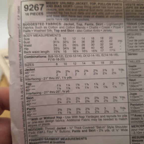 1998 MCCALL'S PATTERN 9267 MISSES JACKET, TOP, PANTS, SKIRT SIZE 16 - 20 - Picture 3 of 10